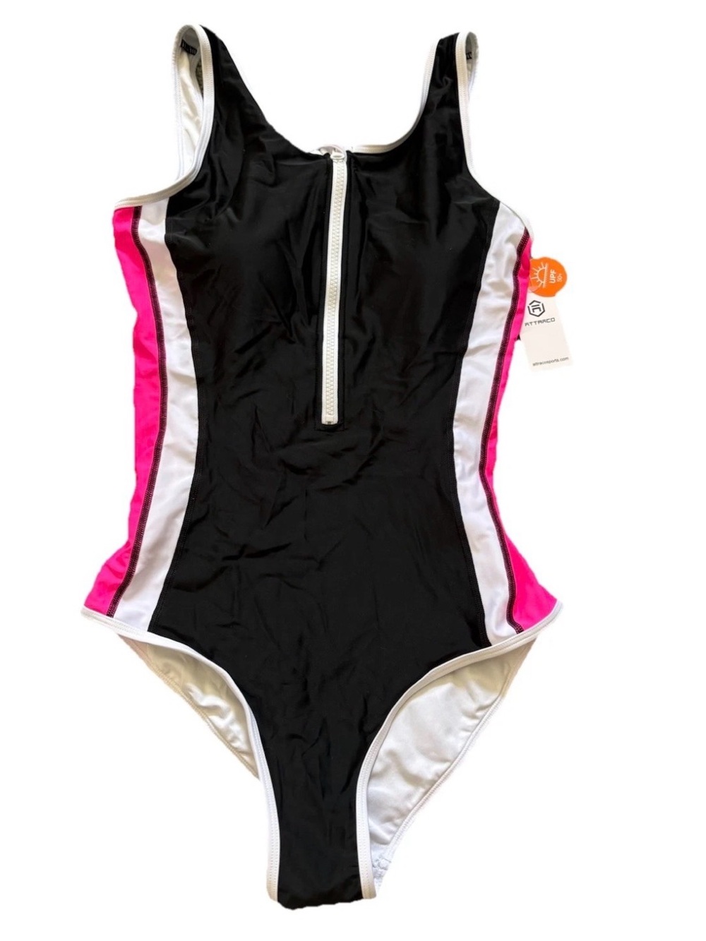 Attraco Women Boyleg One Piece Swimsuit Athletic Zip Front Swimwear Size S NWT